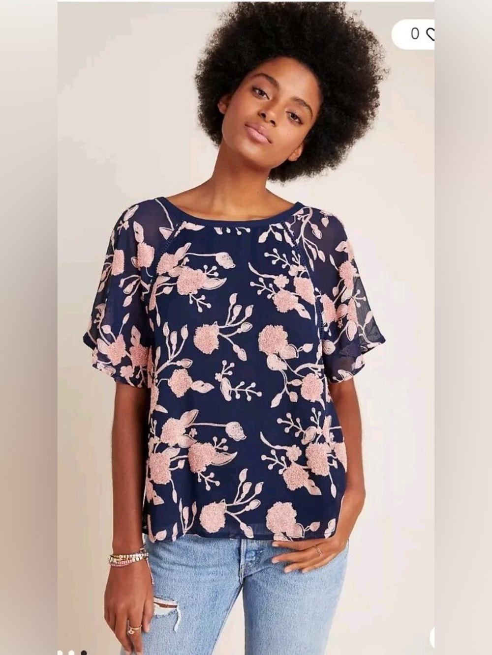 Anthropologie Maeve Navy Floral Embroidered Short Sleeve Top